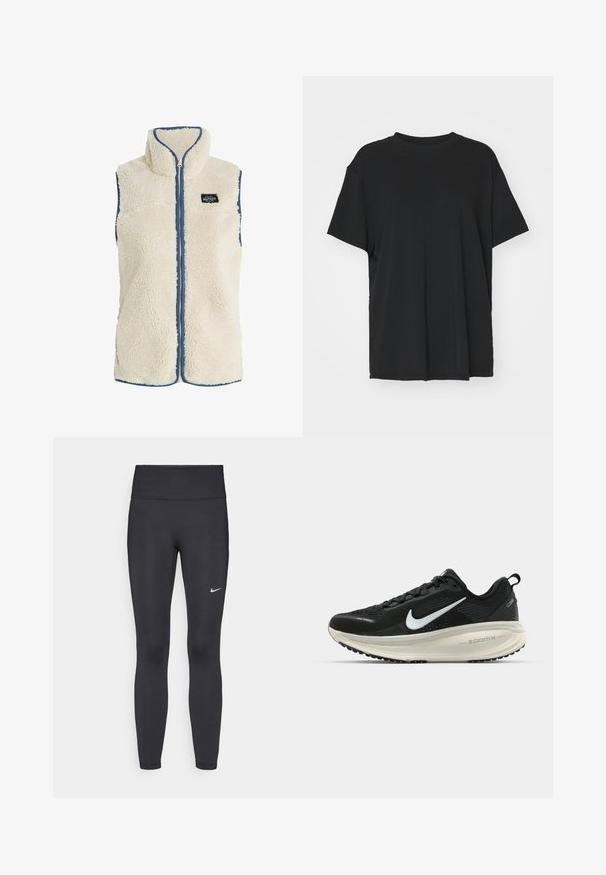 Protest PRTBODHI - Bodywarmer - kitoffwhite; Zwarte korte mouwen t-shirt van soepel stof, met een ronde hals en een losse pasvorm. Heeft zij-splitten voor extra comfort en ademend vermogen.; Zwarte legging van rekbare stof met een hoge tailleband en een wit Nike-logo op de linkerdij. Gladde textuur, aansluitend ontwerp.; Zwarte Nike hardloopschoen met ademend mesh bovenwerk, witte swoosh-logo, gestructureerde details en een crèmekleurige ZoomX middenzool.