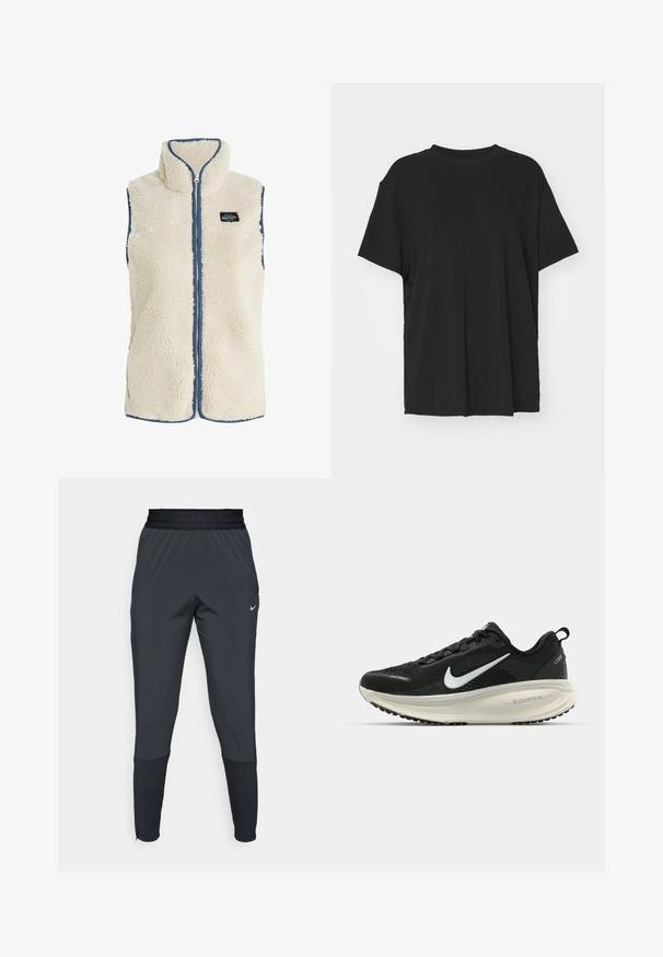 Protest PRTBODHI - Liivi - kitoffwhite; Musta lyhythihainen t-paita, joka on valmistettu sileästä kankaasta. Paidan muotoilu on pyöreä kaula-aukko ja väljä istuvuus. Lisämukavuutta ja hengittävyyttä lisäävät sivuhalkiot.; Nike urheiluhaalareita tummanharmaana, joissa on kapeneva lahjesuunnittelu, joustava vyötärö ja korostedetaileja lahkeiden läheisyydessä.; Mustat Nike-juoksukengät, joissa on hengittävä verkko-osa, valkoinen swoosh-logo, teksturoitu yksityiskohtaus ja kermaisen värinen ZoomX-välipohja.