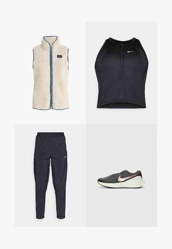 Protest PRTBODHI - Weste - kitoffwhite; Schwarzes sportliches Crop-Top mit Reißverschluss vorne, Netz-Akzenten und figurnaher Passform. Hergestellt aus dehnbarem, atmungsaktivem Material. Nike-Logo auf der Vorderseite.; Schwarze Sporthosen mit elastischem Bund, schmal zulaufenden Beinen und einem kleinen weißen Logo auf dem linken Oberschenkel. Leichter, glatter Stoff.; Schwarzer Sportschuh mit einem strukturierten Mesh-Obermaterial, einem metallischen Roségold-Swoosh und einer weißen gepolsterten Sohle. Gummiaußensohle mit Traktionsmuster.