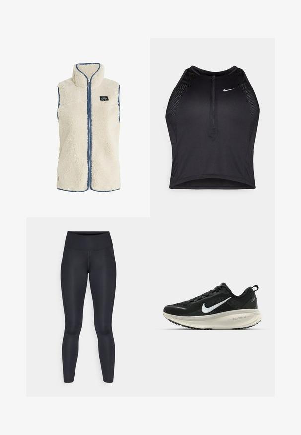 Protest PRTBODHI - Strukirani kaput - kitoffwhite; Crni sportski crop top s patentnim zatvaračem, mrežastim detaljima i prilagođenim dizajnom. Izrađen od rastezljivog, prozračnog materijala. Nike logo na prednjoj strani.; Crne tajice izrađene od glatkog, rastezljivog materijala. Visok struk bez vidljivih uzoraka ili akcenta. Tjesno pristaju od struka do gležnjeva.; Crne Nike trkačke tenisice s prozračnom mrežastom gornjom konstrukcijom, bijelim swoosh logotipom, teksturiranim detaljima i kremastom ZoomX srednjom potplatnom jedinicom.