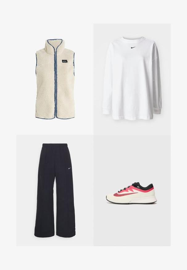 Protest PRTBODHI - Vest - kitoffwhite; Hvid langærmet t-shirt lavet af bomuld, med rund halsudskæring og et lille sort Nike-logo på brystet. Simpelt design, afslappet pasform.; Sorte brede bukser med elastisk talje og et lille hvidt Nike-logo. Stoffet har en glat tekstur, designet til komfort og afslappet brug.; Løbesko med en cremefarvet overdel, røde og sorte accenter samt en tekstureret overflade. Har sorte snørebånd og en polstret sål for komfort.