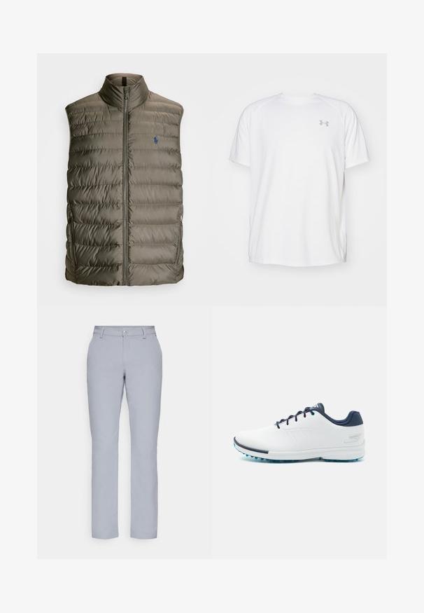 Polo Ralph Lauren THE COLDEN PACKABLE VEST - Γιλέκο - dark metal; Λευκή αθλητική μπλούζα κοντού μανικιού από απαλό ύφασμα. Διαθέτει στρογγυλή λαιμόκοψη και γκρίζο λογότυπο στο αριστερό στήθος, με πλαϊνές σχισμές στο τελείωμα.; Ανοιχτό γκρι παντελόνι με ίσια γραμμή, κλείσιμο με κουμπί, μπροστινές τσέπες και απαλό, υφασμάτινο υλικό. Μινιμαλιστικός σχεδιασμός, χωρίς σχέδια.; Λευκά αθλητικά παπούτσια με λείο συνθετικό επάνω μέρος, μπλε λεπτομέρειες, υφασμάτινη ναυτική φτέρνα και ελαφρύ, επικαθισμένο πέλμα για πρόσφυση.