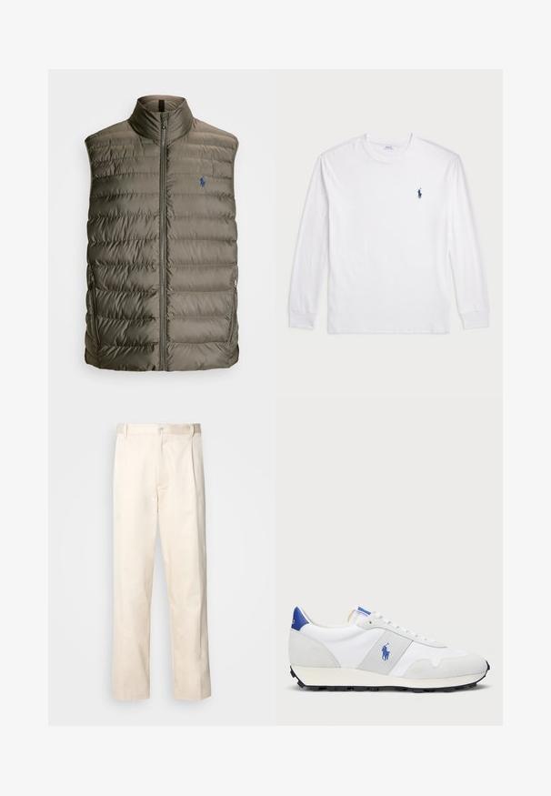 Polo Ralph Lauren THE COLDEN PACKABLE VEST - Waistcoat - dark metal; White long-sleeve T-shirt made of cotton. Features a round neckline, ribbed cuffs, and a small navy blue polo logo on the left chest.; Beige cotton trousers with a straight-leg cut, featuring a button closure and pleats at the front for added detail.; White athletic sneaker with grey suede accents, mesh upper, blue heel tab, and black rubber outsole. Features lace-up closure and logo.
