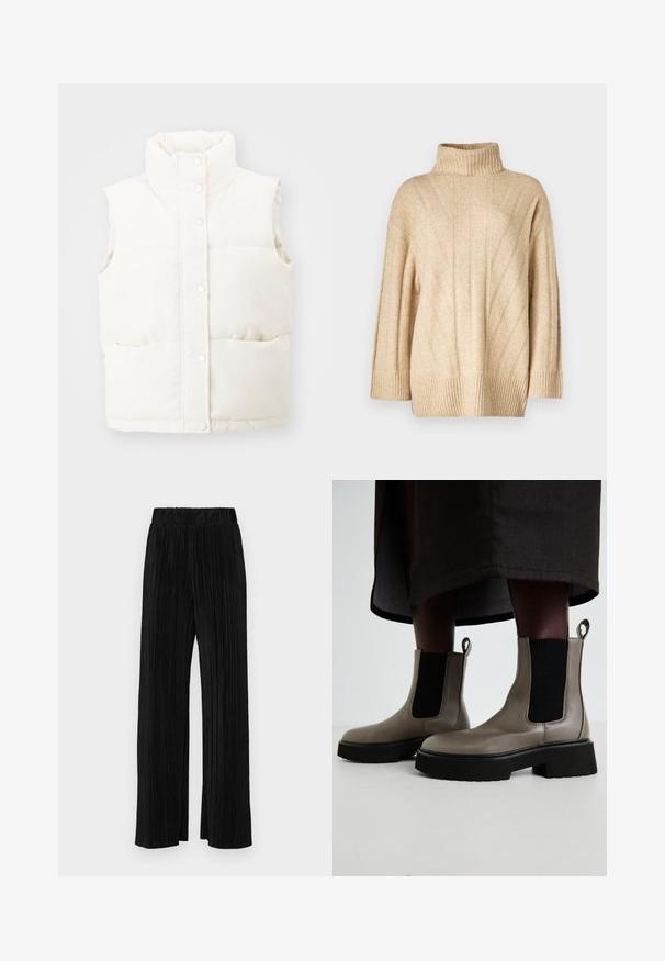 Hvid, ærmeløs dunvest med høj krave, snap-knap lukning foran og to sidelommer; lavet af blødt, tekstureret stof.; Beige strikket sweater med høj ribbet turtleneck, brede ærmer og et tekstureret mønster med lodrette linjer. Ribbet kant forneden.; Sorte plisserede bukser med elastisk talje. Har brede ben og et glat, tekstureret stof med lodrette striber.; Grå ankelstøvler lavet af tekstureret læder med elastiske sidepaneler og en kraftig sort sål. Har trækremme til nem påklædning.