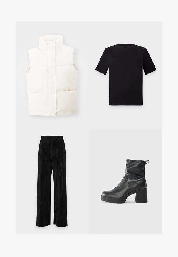 Fehér, ujjatlan puffervest, magas gallérral, patent gombos elülső résszel és két oldalzsebbel; puha, texturált anyagból készült.; Fekete, rövid ujjú póló, kerek nyakkal, puha pamutból készült. Egyszerű dizájn, nincs látható logó vagy minta.; Fekete pliszírozott nadrág gumis derekkal. Széles lábakkal rendelkezik, sima, texturált anyagból készült, függőleges csíkokkal.; Fekete bokacsizmák sima bőrből, oldalsó cipzárral, vastag, texturált sarkú és lekerekített orrú dizájnnal.