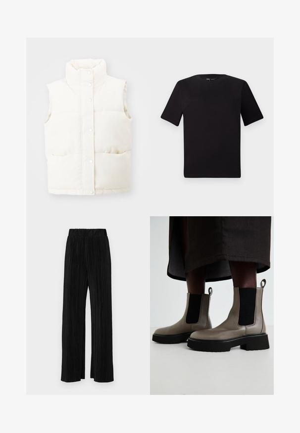 Vest puffer alb, fără mâneci, cu guler înalt, închidere cu nasturi popper și două buzunare laterale; realizat dintr-un material moale, texturat.; Tricou scurt negru cu mânecă scurtă și guler rotund, realizat dintr-un material de bumbac moale. Design simplu, fără logo-uri sau modele vizibile.; Pantaloni negri plisati cu talie elastică. Prezintă picioare largi și un material neted, texturat, cu dungi verticale.; Boots gri din piele texturată, la nivelul gleznei, cu panouri elastice pe laterale și o talpă groasă neagră. Au accesorii pentru a fi purtate cu ușurință.