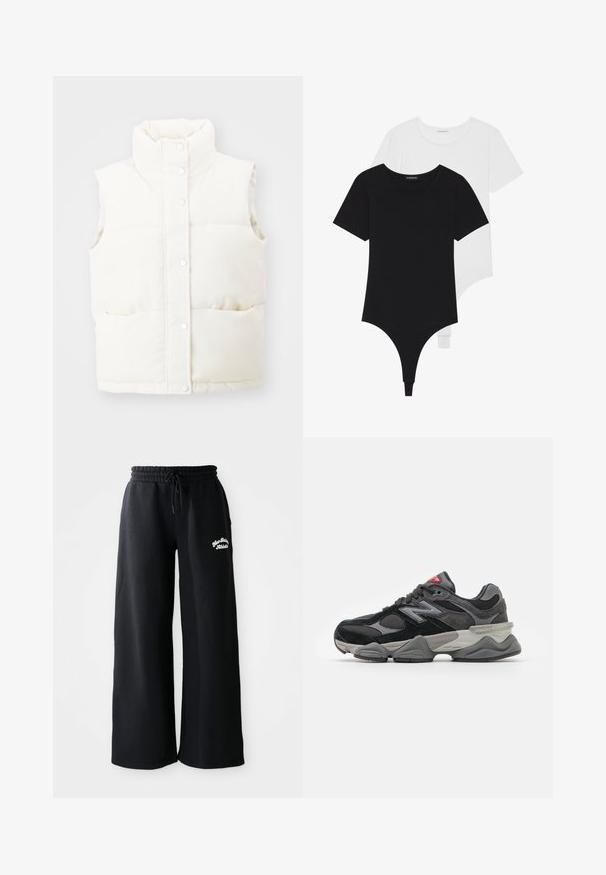 Weißer, ärmelloser Steppwesten mit hohem Kragen, Druckknopfverschluss vorne und zwei Seitentaschen; aus weichem, strukturiertem Stoff gefertigt.; Schwarz-weiße kurzärmelige Bodysuits mit Rundhalsausschnitten und Tanga-Style, aus glattem, dehnbarem Stoff gefertigt.; Schwarze, weite Sweatpants mit einem Kordelzugbund. Merkmale sind gestickte Texte auf der linken Seite, gefertigt aus weichem Baumwoll-Materialmix.; Schwarzer und grauer Sneaker mit einer Kombination aus Wildleder und Mesh-Materialien, dicker Sohle, ausgeprägtem Logo und roten Akzenten an der Zunge.