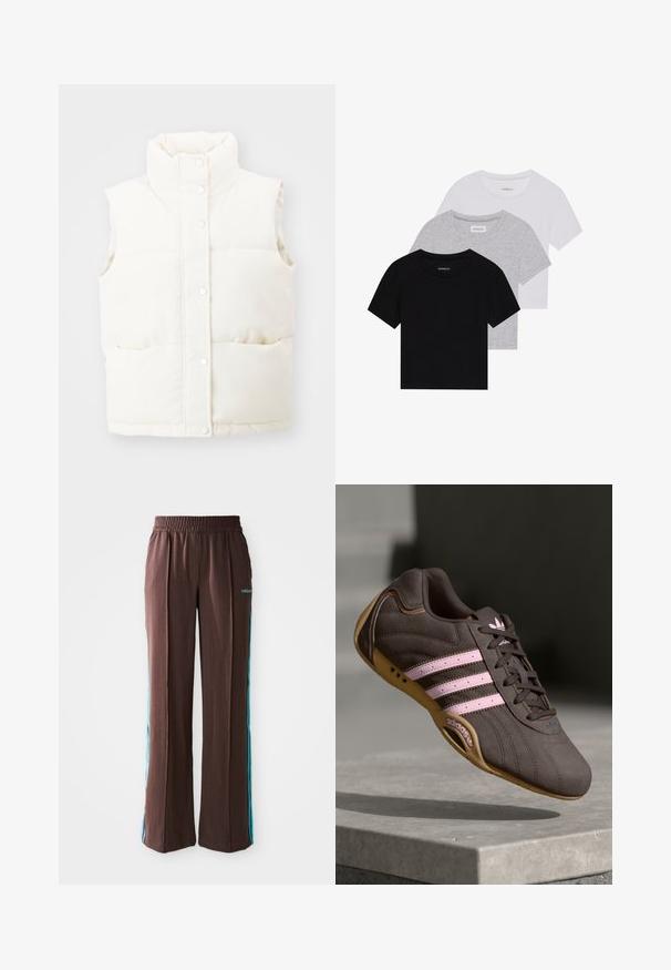 Doudoune sans manches blanche avec un col montant, fermeture à pression à l'avant et deux poches latérales ; fabriquée en tissu doux et texturé.; Ensemble de trois t-shirts à manches courtes en noir, gris et blanc. Fabriqués en coton, avec un col rond et un design simple de couleur unie.; Pantalons de sport marron avec une texture côtelée, une taille élastique et des rayures latérales turquoise. Arbore le logo adidas sur le devant.; Chaussure de sport en suède brun avec des rayures et un logo roses, dotée d'un dessus texturé, de lacets et d'une semelle en caoutchouc beige.