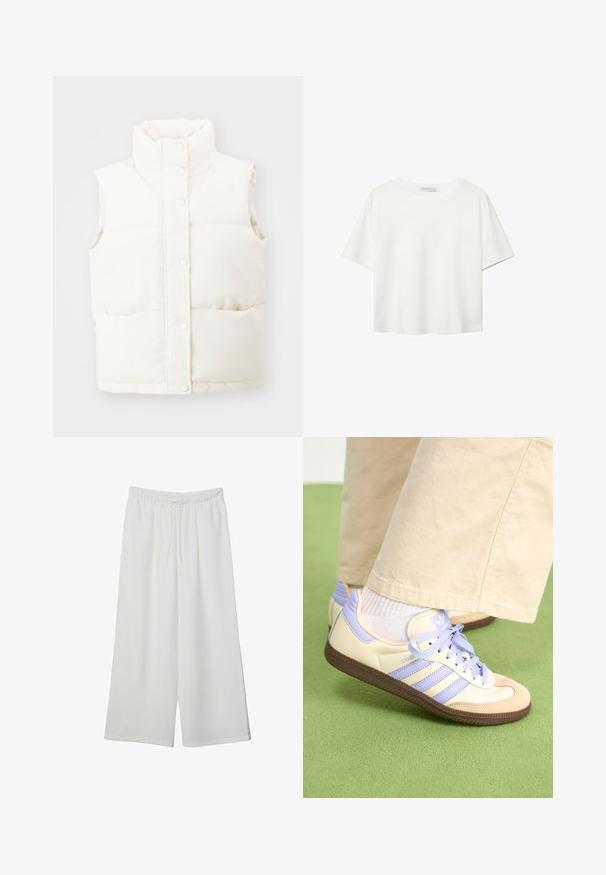 Hvid, ærmeløs dunvest med høj krave, snap-knap lukning foran og to sidelommer; lavet af blødt, tekstureret stof.; Hvid kortærmet t-shirt lavet af bomuld. Har en rund halsudskæring og en afslappet pasform. Glat tekstur uden synlige mønstre eller detaljer.; Hvide vidde bukser lavet af letvægtsstof, med en elastisk talje og snøre for justerbar pasform. Glat tekstur.; Creme og lavendel sneakers med tre striber og en tekstureret brun sål, der har snørebånd og en polstret hæl. Blødt stof øvre.