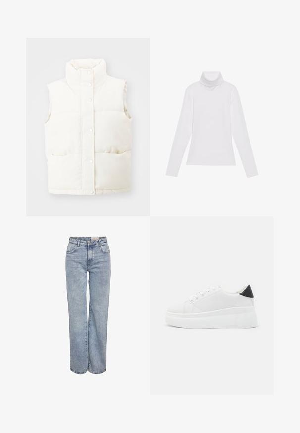 Witte, mouwloze gewatteerde vest met een hoge kraag, drukknoopsluiting aan de voorkant en twee zijzakken; gemaakt van zachte, gestructureerde stof.; Witte lange mouw turtleneck top gemaakt van glad, elastisch materiaal. Voorzien van een hoge kraag en een getailleerd ontwerp, zonder zichtbare patronen of versieringen.; Lichtblauwe wijde jeans gemaakt van denim, met een hoge taille, vijf zakken en subtiele vervaging voor een versleten uitstraling.; Witte platform sneakers van glad synthetisch materiaal, met een afgeronde neus, vetersluiting en een gestructureerde rubberen zool. Zwarte hielaccent.
