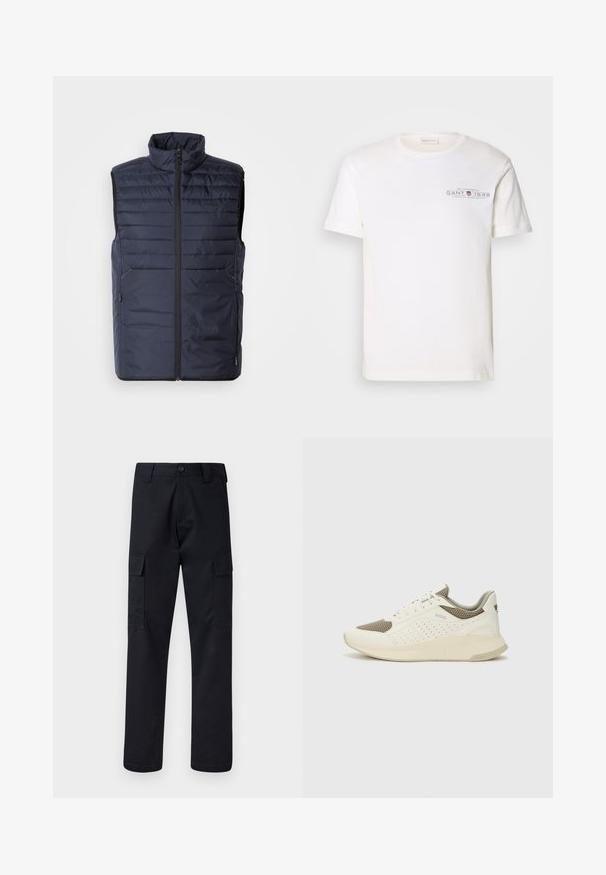 Colete puffer azul-marinho com colarinho alto, fecho de correr na frente e costura horizontal. Apresenta bolsos laterais e logotipo da marca no peito. Design leve.; T-shirt de algodão branco com decote redondo, mangas curtas e logotipo impresso. Apresenta um design minimalista e um corte relaxado.; Calças cargo pretas feitas de tecido resistente, com corte de perna direita, dois bolsos laterais e fecho de botão na cintura.; Sapatilha atlética branca e bege claro, com parte superior em malha, detalhes perfurados e uma entressola texturizada com marcação no calcanhar.