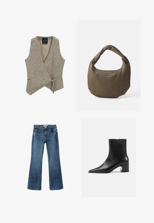 Massimo Dutti - Kamizelka; Jasnobeżowy sweter z okrągłym dekoltem wykonany z miękkiej dzianiny. Posiada długie rękawy i ściągacze, ma luźny krój i minimalny design.; Niebieskie dżinsy z szerokimi nogawkami, średnim stanem, pięcioma kieszeniami i postarzanym wyglądem. Wykończone nogawki i klasyczne zapięcie na guzik.; Czarne skórzane botki za kostkę z wydłużonym noskiem, gładką fakturą i średnim obcasem w kształcie słupka. Minimalistyczny design, zamek błyskawiczny z tyłu.; Woven oliwkowa torebka o zaokrąglonym kształcie i skręconym uchwycie. Teksturowana powierzchnia zdobiona jest diagonalnym wzorem. Zamek błyskawiczny.