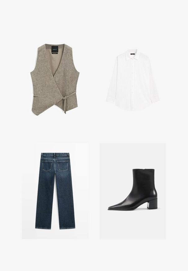Massimo Dutti - Kamizelka; Biała koszula z guzikiem, w pionowe jasnoszare paski, z rozłożonym kołnierzykiem, długimi rękawami i luźnym krojem. Wykonana z lekkiego materiału.; Granatowe dżinsy o prostym kroju, z dwoma tylnymi kieszeniami i widocznym ściegiem wzdłuż szwów i brzegów.; Czarne skórzane botki za kostkę z wydłużonym noskiem, gładką fakturą i średnim obcasem w kształcie słupka. Minimalistyczny design, zamek błyskawiczny z tyłu.