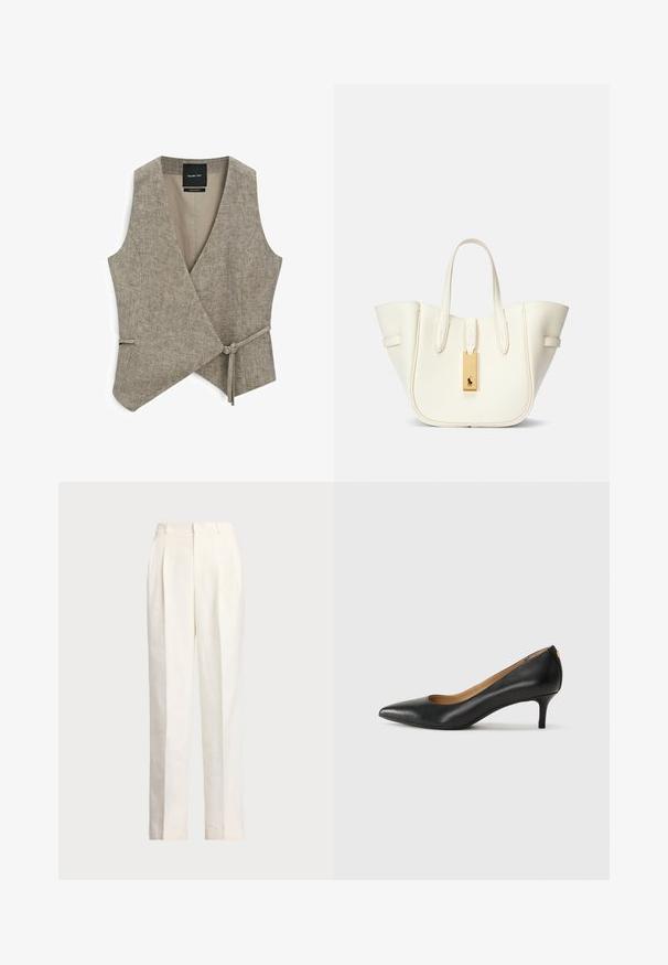 Massimo Dutti SHORT DOUBLE-BREASTED - Waistcoat - beige; White sleeveless sweater made of smooth cotton, featuring a ribbed hem and a small navy logo on the bottom left. Simple design, no patterns.; Polo Ralph Lauren HEMP WIDE LEG PANT - Trousers - nevis; Black leather pump with a pointed toe, low heel, and a smooth texture. Features a slight opening at the front and minimal hardware at the back.; White leather tote bag with a structured shape, prominent stitching, gold hardware tag, and dual handles. Textured surface with side pockets.