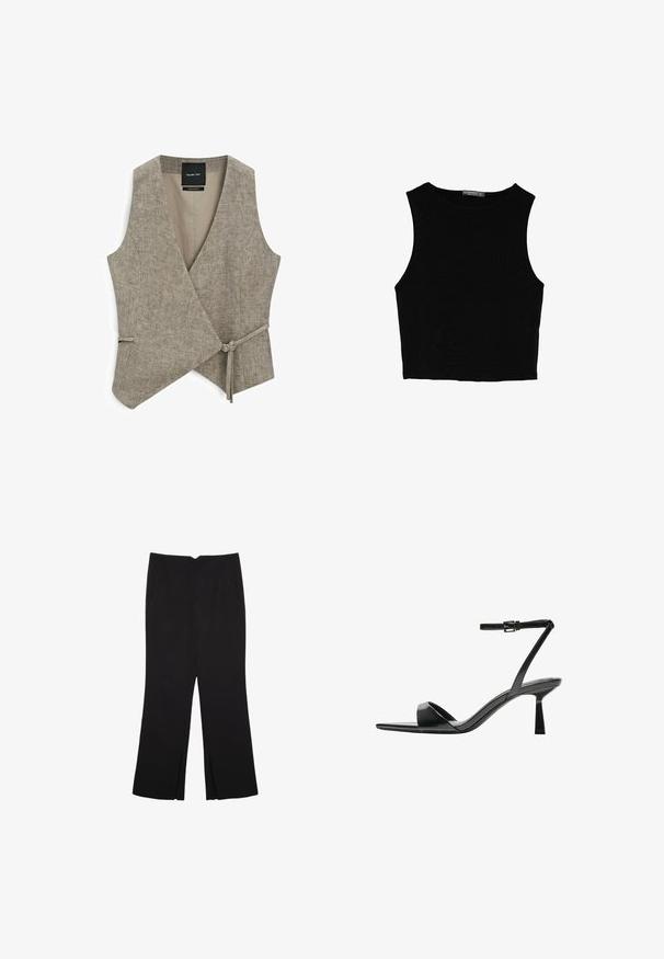 Massimo Dutti SHORT DOUBLE-BREASTED - Weste - beige; Schwarzes ärmelloses Crop-Top aus glattem Stoff, mit rundem Ausschnitt und einem klaren, schlichten Design ohne Muster oder Beschläge.; Schwarze Hose mit geradem Schnitt, ausgestattet mit Fronttaschen und Seitenschlitzen am Saum. Hergestellt aus weichem, glattem Stoff. Geeignet für verschiedene Anlässe.; Bershka High Heel Sandalette - black