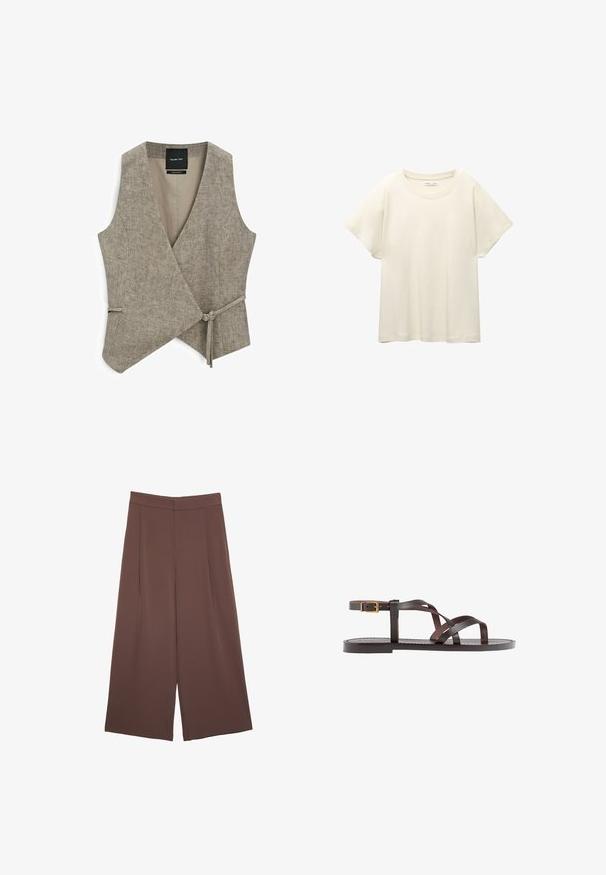 Massimo Dutti SHORT DOUBLE-BREASTED - Väst - beige; Ljus beige kortärmad t-shirt med rund halsringning, tillverkad av mjuk, slät tyg. Har en avslappnad passform och rak nederkant.; Bruna vida byxor med en slät textur, som har hög midja och framfickor. Tyget är lätt och flödar löst.; Bruna lädersandaler med korsade remmar, spänne runt vristen och en platt sula med minimala sömnadsdetaljer.