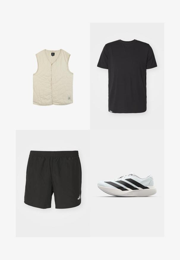 Beige Steppweste mit V-Ausschnitt, Knopfverschluss und Logopatch am Saum. Glattes Material mit dezentem, gewundenem Steppmuster.; Schwarzes T-Shirt mit kurzen Ärmeln aus glattem Baumwollmaterial, mit einem Rundhalsausschnitt und einem kleinen Etikett an der unteren linken Naht.; Schwarze Sportshorts mit einem elastischen Taillenbund, seitlichen Schlitzen und reflektierenden Logoakzenten. Hergestellt aus leichtem, glattem Material.; Leichte Laufschuhe in hellblau mit schwarzen Streifen. Sie verfügen über ein glattes Obermaterial, eine runde Zehenpartie und eine dicke weiße Zwischensohle, die mit "LIGHTSTRIKE PRO" beschriftet ist.