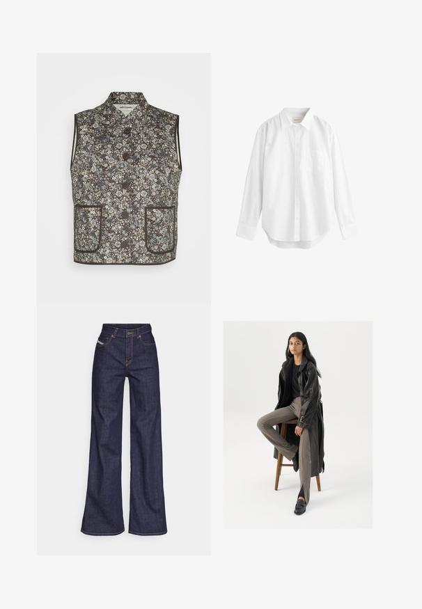 Cvjetni prsluk od tamnosmeđeg materijala s plavim i krem uzorcima. Ima stojećeg kragna, kopčanje na gumbi i dva prednja džepa.; Bijela košulja dugih rukava od pamuka, s okruglim ovratnikom, prednjim džepom i zaobljenim rubom. Glatka tekstura i klasičan dizajn.; Tamno plave široke traperice s visokim strukom, izrađene od denim tkanine, s narančastim šavovima, pet džepovima i kopčanjem na dugme.; Crni kožni trench kaput s gumbima i detaljima na remenu, uparen s svijetlosmešavim uskim hlačama i crnim loafericama, sjedeći na drvenoj stolicu.