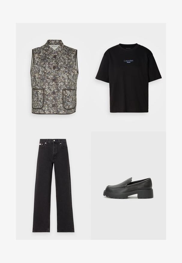 Tamsiai ruda gėlėta liemenė su mėlynomis ir grietinėlės spalvos raštais. Yra aukštas apykaklė, mygtukų uždarymas ir dvi priekinės kišenės.; Juodas medvilnės marškinėliai su apykakle, trumpomis rankovėmis ir mėlynai siuvinėtu "Calvin Klein JEANS" logotipu priekyje.; Juodos plačios kojų džinsai, pagaminti iš džinsinio audinio, su aukštu liemeniu, penkių kišenių stiliumi ir metaline sagte su kontrastingo siuvimo detalėmis.; Juodi odiniai loaferiai su apvaliu pirštu, storu tekstūruotu padu ir minimaliu siūlių dekoru. Išskirtinis dizainas be matomų raištelių ar furnitūros.