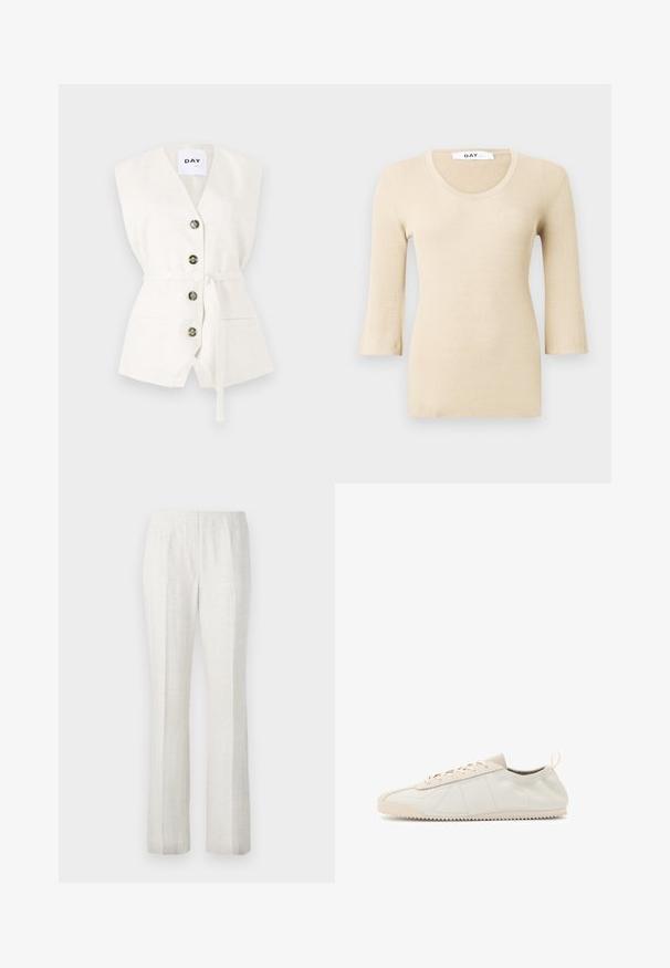 White sleeveless vest with a deep V-neck, four buttons, a waist tie, and two front pockets. Textured fabric with a subtle pattern detail.; Beige ribbed long-sleeve top with a scoop neckline. The texture is smooth and fitted. Flared cuffs add a subtle design detail.; Light-colored, straight-leg trousers with a smooth texture, featuring front pleats and a clean waistband design.; Cream leather sneaker with a rounded toe, lace-up design, textured accents, and textured rubber sole featuring zigzag traction pattern.