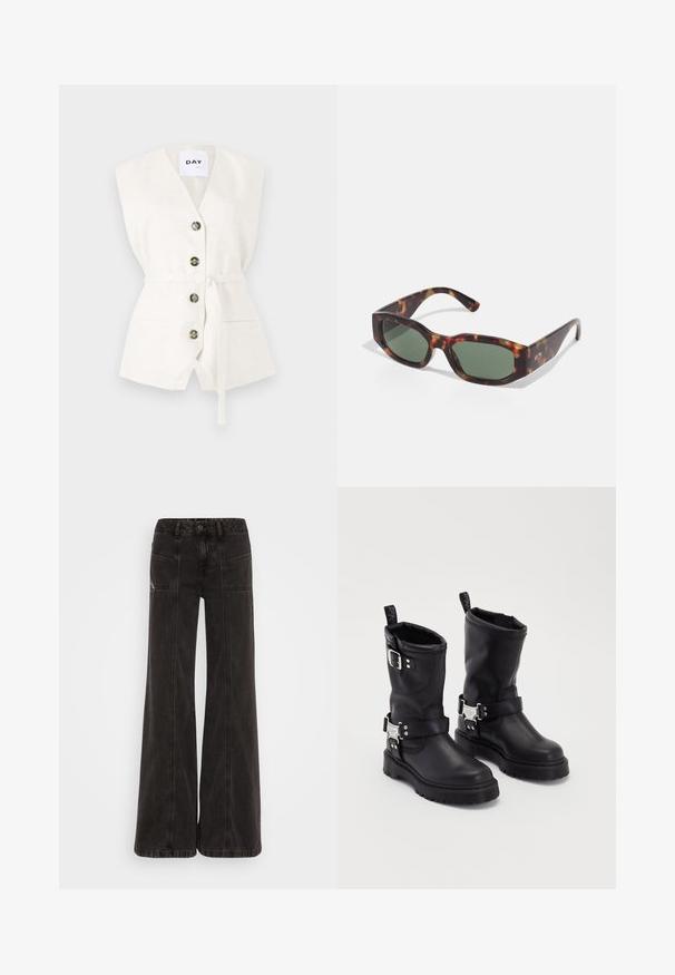 Weißes ärmelloses Oberteil mit tiefem V-Ausschnitt, vier Knöpfen, einem Taillengürtel und zwei Fronttaschen. Strukturiertes Gewebe mit dezentem Muster.; Seidenhemd mit Knopfleiste, das ein abstraktes Muster in den Farbtönen Orange, Pink und Lila aufweist, mit einem klassischen Kragen und langen Ärmeln.; Schwarze weit geschnittene Jeans aus Denim, mit hoher Taille, frontalen Taschen und tonal abgesteppten Nähten.; Schwarze Leder-Ankleboots mit einer robusten Sohle, ausgestattet mit einem seitlichen Schnallenriemen und dekorativen Beschlägen. Glatte Textur mit einer Schlaufe zum Anziehen.; Sonnenbrille aus Schildpatt mit rechteckigen grünen Gläsern, breitem Rahmen und dicken Bügeln. Sie zeichnet sich durch ein elegantes Design und eine glatte Kunststoffoberfläche aus.; Schwarzer Einkaufstasche aus glattem Nylon mit langen Ledergriffen, einem abnehmbaren Schultergurt und einer goldenen Logo-Plakette.