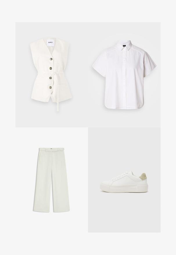 Hvid ærmeløs vest med dyb V-udskæring, fire knapper, bælte i taljen og to forlommer. Tekstil med struktur og et subtilt mønster.; Hvid kortærmet skjorte med knaplukning, spidse kraver og buet nederste kant. Lavet af bomuld med en glat struktur og uden synlige mønstre.; Bredde bukser i lys cremefarvet stof, med sidelommer, flad front og en enkelt knaplukning i taljen. Glat tekstur.; Hvide sneakers med en glat læderoverdel, lysegrå ruskindsdetalje på hælen og en kraftig hvid gummisål. Har snørelukning.