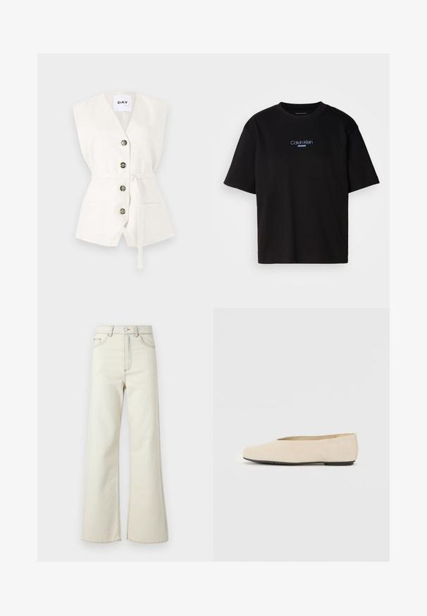 Weißes ärmelloses Oberteil mit tiefem V-Ausschnitt, vier Knöpfen, einem Taillengürtel und zwei Fronttaschen. Strukturiertes Gewebe mit dezentem Muster.; Schwarzes Baumwoll-T-Shirt mit Rundhalsausschnitt, kurzen Ärmeln und blau gesticktem "Calvin Klein JEANS"-Logo auf der Vorderseite.; Hochgeschnittene beigefarbene Denim-Jeans mit weitem Bein, ausgestattet mit einer hellen Stickerei und einem Reißverschluss vorne. Keine sichtbaren Taschen.; Beige Wildleder Ballerinas mit abgerundeter Zehenpartie, flacher Sohle und minimalistischem Design. Glatte Textur ohne sichtbare Beschläge oder Verzierungen.