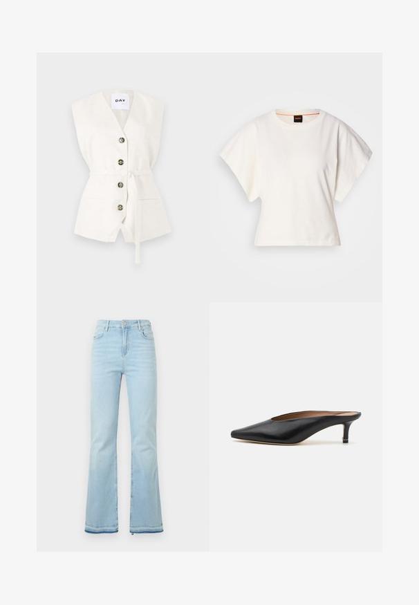 Gilet sans manches blanc avec un décolleté en V profond, quatre boutons, une ceinture à la taille et deux poches avant. Tissu texturé avec un détail de motif subtil.; T-shirt blanc cintré, manches courtes et larges, en coton doux, décolleté rond avec une discrète bordure orange, design minimaliste, sans motifs ni graphiques.; Jean flare bleu clair en denim, avec une taille haute, des poches avant et un ourlet brut au niveau des poignets pour un look décontracté.; Mules en cuir noir avec un bout pointu et un petit talon carré. Texture lisse avec un design épuré. Dos ouvert avec un minimum de détails.