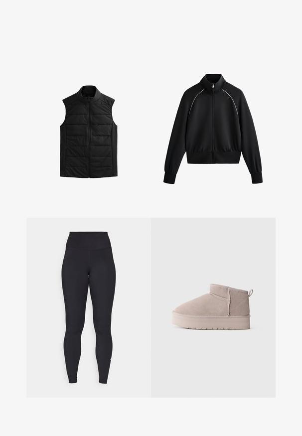 Schwarze ärmellose Daunenweste mit hohem Kragen, gesteppter Vorderseite, glatten Seiten und einem Reißverschluss auf der Vorderseite. Leicht und warm.; Schwarze sportliche Zip-up-Jacke mit hohem Kragen, gerippten Bündchen und Taillenbund. Mit weißen Paspeln entlang der Schultern und einem glatten, strukturierten Stoff.; Schwarzer Sport-BH mit einem Überkreuzdesign an der Vorderseite, breiten Trägern, glatter Textur und taillierter Silhouette.; Schwarze hochtaillierte Leggings aus dehnbarem, glattem Stoff. Sie verfügen über ein tailliertes Design mit einem Logo-Akzent nahe dem Knöchel.; Beige Wildleder-Winterstiefel mit niedrigem Schaft, dicker Sohle und praktischem Ziehschlauf auf schlichtem weißen Hintergrund, im Seitenprofil dargestellt.