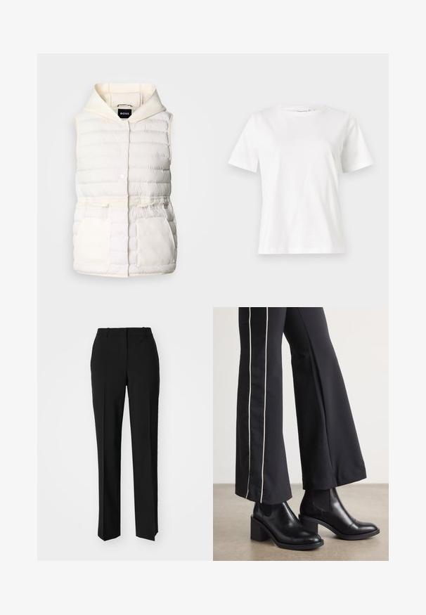 Bílé vypolstrované vesta s kapucí, vybavená patentkami, stahovacími šňůrkami v pase a dvěma předními kapsami s jemnou texturnou. Značka: BOSS.; Bílý bavlněný tričko s krátkým rukávem, kulatým výstřihem a volnějším střihem. Hladká textura, bez vzorů nebo akcentů, minimalistický design.; Černé kalhoty na míru se střihem do rovna, které mají hladkou texturu a ostré sklady na přední straně. Bez viditelného kování.; Černé kožené kotníkové boty na blokovém podpatku, s elastickými bočními panely. V kombinaci s černými kalhotami, které mají bílý boční pruh.