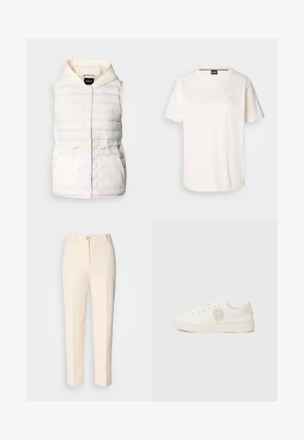 Padded white vest z kapturem, z zatrzaskami, sznurkiem w talii oraz dwiema kieszeniami z przodu o miękkiej teksturze. Metka marki: BOSS.; Biała bawełniana koszulka z krótkim rękawem, okrągłym dekoltem i małym logo na piersi. Gładka tekstura i prosta linia dołu.; Kremowe, wysokie spodnie wykonane z teksturowanej tkaniny. Posiadają zapięcie na guzik z przodu oraz zwężające się nogawki.; Białe trampki z gładką skórzaną cholewką, okrągłym noskiem, płaskimi sznurowadłami i teksturowaną naszywką z logo z boku. Gumowa podeszwa z minimalnym bieżnikiem.
