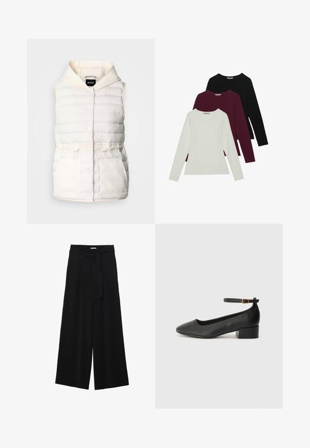 Gilet bianco imbottito con cappuccio, dotato di bottoni a pressione, vita con cordoncino e due tasche laterali, con una consistenza morbida. Etichetta del marchio: BOSS.; T-shirt a maniche lunghe in bianco, bordeaux e nero. Realizzate in tessuto morbido con scollatura rotonda e design aderente. Adatte per essere indossate a strati.; Pantaloni neri a gamba larga caratterizzati da un tessuto testurizzato, una vita elastica e una cintura staccabile per una vestibilità regolabile.; Pump in pelle nera con punta affusolata e tacco basso a blocco. Presenta una cinghia alla caviglia con una fibbia in tonalità oro. Texture liscia.