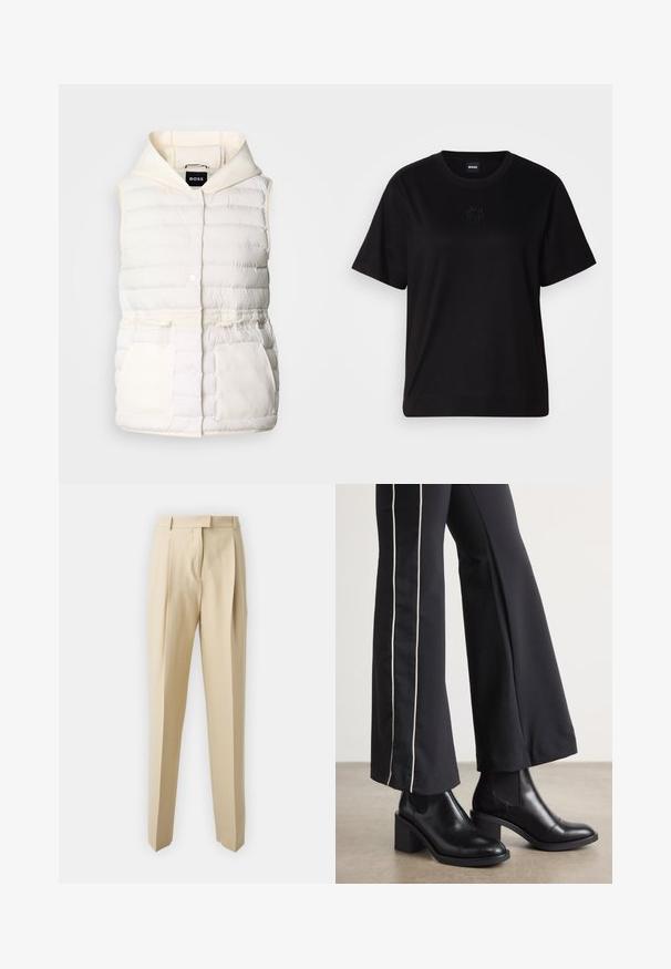 Pufīgs balts žakets ar kapuci, ar snap pogām, regulējamu jostu un divām priekšējām kabatām ar mīkstu tekstūru. Zīmola etiķete: BOSS.; Melna kokvilnas T-krekls ar apaļu izgriezumu, īsām piedurknēm un izšūtu logotipu uz krūtīm. Vienkāršs, brīvs piegriezums bez rakstiem.; Bežīgas pielāgotas bikses ar taisnu griezumu, ar krokām, jostu un gludu faktūru. Nav redzamu kabatu vai rotājumu.; Melnas ādas potīšu zābaki ar blokveida papēdi, aprīkoti ar elastīgām sānu paneļiem. Kombinēti ar melniem biksēm, kuru sānos ir baltas svītras.