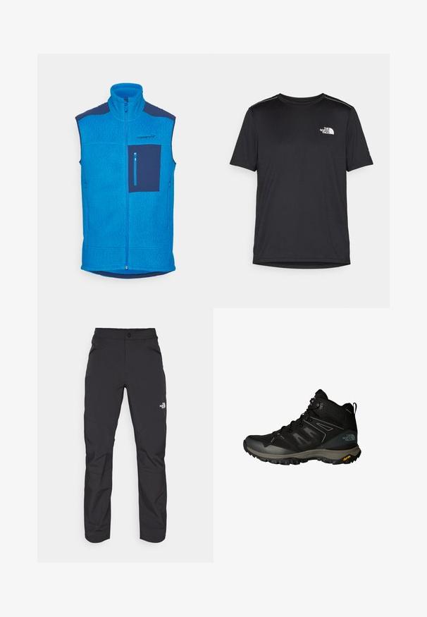 Modrá fleecová vesta s vysokým golierom, predným zipsom, ľavým vreckom na hrudi v námorníckej farbe, textúrovanou tkaninou a kontrastnými panelmi.; Čierne tričko s krátkym rukávom vyrobené z ľahkej tkaniny. Obsahuje malé biele logo na ľavej hrudi a jemné akcenty na pleciach.; Čierne vonkajšie nohavice so zipsovým predným vreckom, vyrobené z syntetického materiálu, zúžené nohy a vy reforcované panely kolien. Obsahujú zapínanie na gombík.; Čierne turistické topánky s prepletom a syntetickými prekrytiami, textúrovaná medzipodošva, Vibram podrážka a šedé akcenty. Vysoký dizajn pre podporu členku.