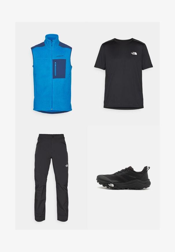 Blå fleece vest med høy krage, glidelås foran, venstre brystlomme i marineblått, strukturert stoff og kontrastpaneler.; Svart kortermet T-skjorte laget av lett materiale. Har en liten hvit logo på venstre bryst og subtile skulderdetaljer.; Sorte utendørsbukser med glidelås på frontlommen, syntetisk materiale, smalnende ben og forsterkede knepaneler. Har knappelukking.; Svart terrengløpesko med teksturert overdel, gummisåle og forsterket tåhette. Har polstret krage og løftestropp for enkel påkledning.
