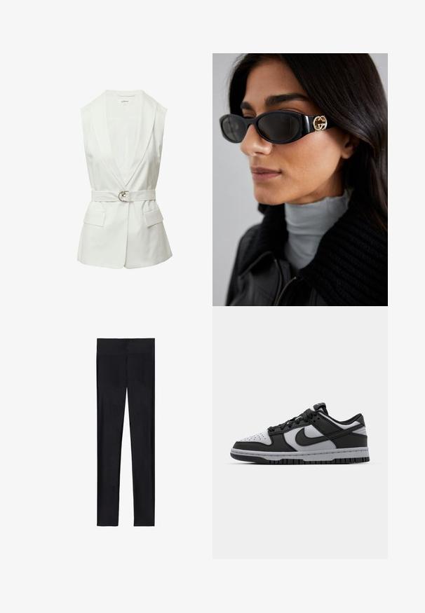 Biała bezrękawnik z kołnierzem typu szal, taliowany, z paskiem zakończonym srebrnym pierścieniem oraz dwiema przednimi kieszeniami naszytymi. Gładka faktura materiału.; Biała koszula zapinana na guziki z ostro zakończonym kołnierzykiem, długimi rękawami i małym niebieskim logo na lewej stronie klatki piersiowej. Wykonana z bawełnianej tkaniny.; Czarne legginsy wykonane z elastycznego materiału; charakteryzują się gładką teksturą, pełną długością i elastycznym pasem bez widocznych szwów.; Czarno-szare trampki Nike Dunk w niskim kroju z perforowanym noskiem, gładkimi skórzanymi akcentami oraz gumową podeszwą z teksturowanym wzorem bieżnika.; Czarne okulary przeciwsłoneczne o eleganckim, prostokątnym kształcie z logo w kolorze złotym na boku. Ciemne soczewki i błyszczące wykończenie są wyraźnie widoczne.; Szara torebka o fakturze z miękkim uchwytem, siateczkowymi akcentami, regulowanym paskiem i zapięciem z przodu. Kompaktowy design w zaokrąglonym kształcie.