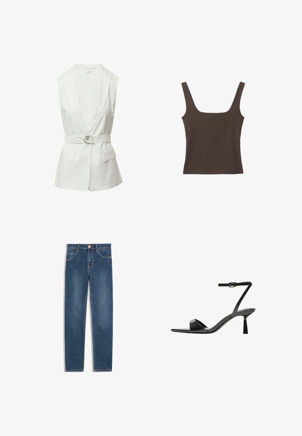 Weißer ärmelloser Blazer mit Schalkragen, taillierter Taille mit einem Gürtel aus silbernem Ring und zwei aufgesetzten Taschen vorne. Glatte Textur des Materials.; Braunes ärmelloses Oberteil mit quadratischem Ausschnitt, aus weichem, dehnbarem Stoff gefertigt. Verfügt über ein figurbetontes Design und flache Nähte.; Dunkelblaue Jeans aus Denim mit geradem Schnitt, fünf Taschen, subtilen Nähdetails und einem Metallknopf an der Taille.; Bershka High Heel Sandalette - black