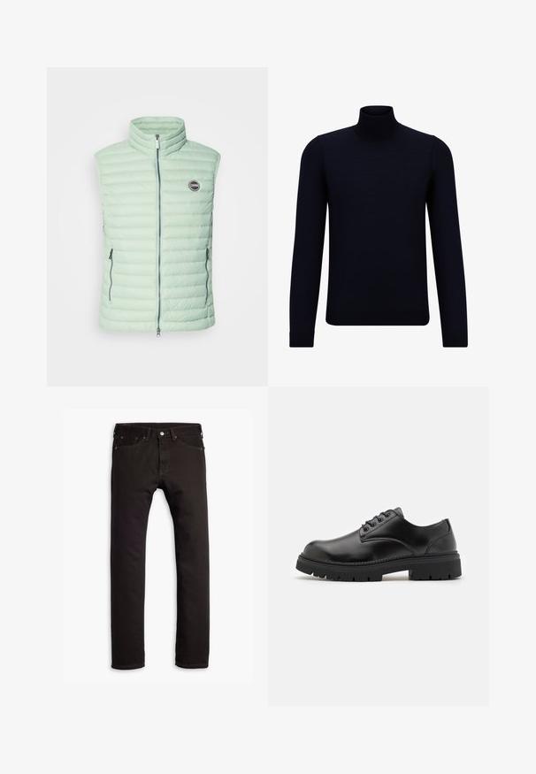 Svetlo mint zelena, brezrokavna izolacijska jopica s horizontalnim prešitim vzorcem, sprednjim zadrgo in dvema stranskima žepoma. Logotip blagovne znamke na prsih.; Temno modra turtleneck pulover iz fine pletenine, z dolgimi rokavi in prilegajočim, visokim ovratnikom. Brez vidnih vzorcev ali poudarkov.; Črne ozke kavbojke s petimi žepi in gumbom za zapiranje, predstavljene ležerno na beli podlagi.; Črne usnjene čevlje s podolgovatim prstom, z vezalnim dizajnom in debelim, teksturiranim gumijastim podplatom. Imajo šivanje ob robu in gladko površino.