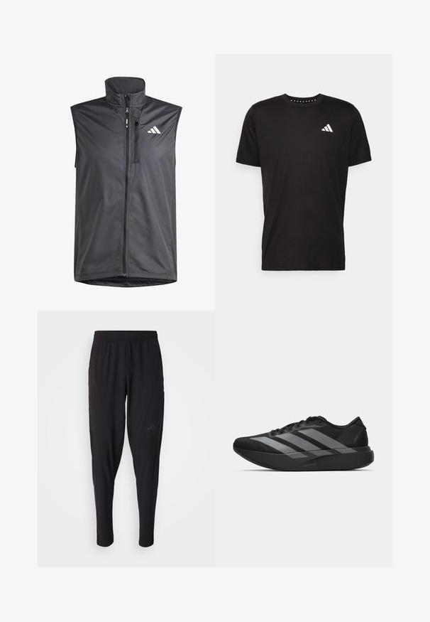 Sort ærmeløs vest lavet af letvægtsstof. Har en frontlynlås, høj krave og et lille logo på den øverste venstre side. Glat tekstur.; Sort bomulds T-shirt med korte ærmer, rund hals og et hvidt logo på venstre bryst. Glat tekstur og enkelt design.; Sorte træningsbukser med elastisk talje, tætsiddende design, sidelommer og diskret logo-detail. Fremstillet af fleksibelt, åndbart stof.; Sorte atletiske sko med et let design, der har tre fremtrædende grå striber, en glat overflade og en formet sål.