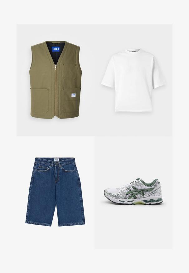 Vesta fără mâneci de culoare verde măslin, cu fermoar în față, două buzunare mari în față și un mic etichetă în partea dreaptă jos. Material texturat cu un design simplu.; Tricou alb cu mânecă scurtă, fabricat din bumbac. Are un guler clasic de tip crew și o croială lejeră, cu o textură netedă. Fără modele sau accente.; Şorturi din denim de culoare albastru închis, cu un design cu cinci buzunare, croi drept și accente de cusături vizibile. Textură netedă și talie medie.; Pantof din neopren alb cu accente argintii, guler din plasă verde și dungi verzi. Are o parte superioară din plasă texturată și o talpă căptușită.