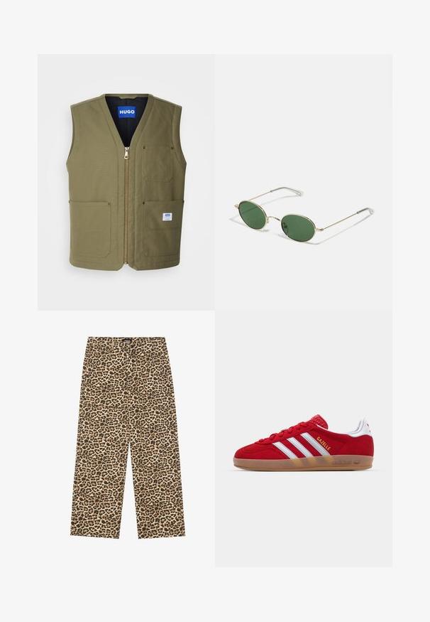 Maslinasto zeleni prsluk bez rukava s patentnim zatvaračem sprijeda, dva velika prednja džepa i mala etiketa u donjem desnom kutu. Tekstura tkanine s čistim dizajnom.; Crna majica kratkih rukava u slobodnom kroju, izrađena od glatkog pamuka, s okruglim izrezom i minimalističkim dizajnom.; YOURTURN UNISEX - Traperice opuštenog kroja - beige/black; Crvene nubuk tenisice s bijelim dizajnom tri pruge i zlatnim natpisom "Gazelle". Sadrže gumeni potplat i teksturiranu petu.; Naočale sa zlatnim okvirom, zelena ovalna stakla i tanke metalne nogice. Imaju prozirne plastične vrhove na nogicama radi udobnosti.