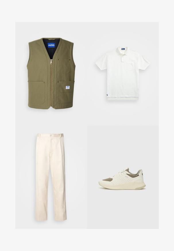 Olivově zelená bezrukávová vesta se zipem vpředu, dvěma velkými předními kapsami a malou nášivkou v dolním pravém rohu. Texturovaná látka s čistým designem.; Bílá polo košile vyrobená z bavlny, s klasickým límcem, tříknoflíkovou légou a kapsičkou na levé straně hrudi; malá nášivka na lemu.; Bežové bavlněné kalhoty se střihy rovného nohavice, s knoflíkovým zapínáním a záhyby vpředu pro zvýraznění detailu.; Bílé a světle béžové atletické tenisky, které mají síťovaný svršek, perforované detaily a texturovanou mezipodešev s logem na patě.
