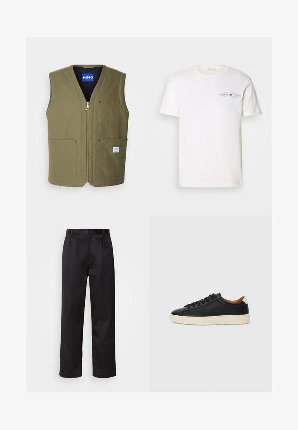 Alkoholinių žalių be rankovių liemenė su užtrauktuku priekyje, dviem didelėmis priekinėmis kišenėmis ir maža etikete apačioje dešinėje. Tekstūruota medžiaga su tvarkingu dizainu.; Balta medvilninė marškinėlių su apvalia apykakle, trumpomis rankovėmis ir spaudiniu. Pasižymi minimalistiniu dizainu ir laisvu kirpimu.; Juodi kelniukai, pagaminti iš lygaus audinio, su užsegimu priekyje, raukšlėmis ir tiesiomis kojomis. Nėra matomų raštų ar akcentų.; Juodos odinės sportbačiai su lygiu paviršiumi, smėlio spalvos guminis padas, raišteliais užsegama konstrukcija ir kontrastingas kulno akcentas.