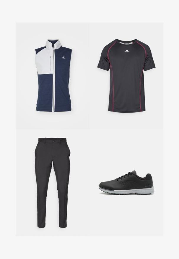 Námořnický a bílý bezrukávový svetr s vysokým límcem, zipem vpředu a logem. Obsahuje panely v kontrastních barvách a náprsní kapsu.; Krátký rukáv sportovní tričko vyrobené z černé syntetické tkaniny s růžovým kontrastním šitím a malým bílým logem uprostřed přední části.; J.LINDEBERG Sports ELOF PANT - Kalhoty - black; Černé syntetické golfové boty s texturovaným svrškem, šněrovacím designem a šedou podrážkou se hroty pro trakci.