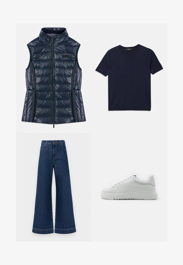 Colete acolchoado sem mangas em azul marinho, com gola alta, fecho frontal, dois bolsos com zíper e detalhes de costura horizontal.; T-shirt de manga curta azul marinho, feito de tecido suave, com decote redondo e bordas caneladas, textura lisa e sem padrões visíveis.; Jeans azul de perna larga com cintura alta, apresentando um fecho de botão, passantes para cinto e detalhes de costura discretos ao longo dos bolsos e das bainhas.; Sapatilhas brancas com um upper de couro texturizado, bico arredondado e design de atacadores. Sola grossa de borracha branca com padrão de aderência texturizado.