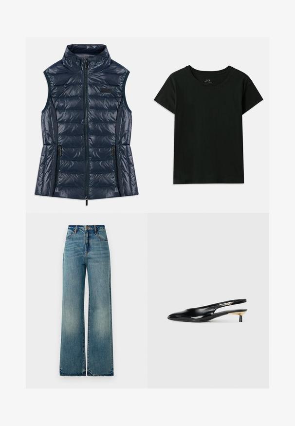 Mornarsko moder brezrokavnik iz quilted materiala z visokim ovratnikom, sprednjim zadrgo, dvema žepoma z zadrgo in horizontalnimi šivi.; Črna kratka majica s kratkimi rokavi, narejena iz bombaža. Ima okroglo izrez in embosirano besedilo "Armani Exchange" ob rami. Preprost dizajn.; Svetlo modre široke jeans hlače imajo visok pas, pet žepov in rahlo razfrčene robove, kar prikazuje teksturiran in bled finish.; Črne slingback pumpe z ozkim nosom, sijočim usnjem in majhno peto z zlatim akcentom. Elegantna zasnova z odprtim zadnjim delom.