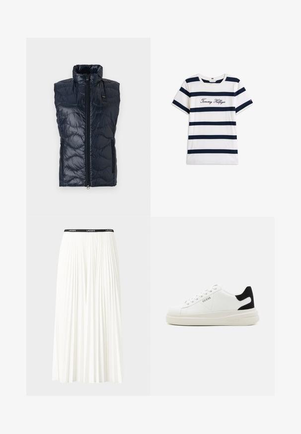 Námořnická prošívaná vesta s vysokým límcem, zipovým zapínáním a dvěma bočními kapsami. Texturovaný vzor s horizontálními švy. Lehký, lesklý materiál.; Bavlněné tričko s horizontálními námořnickými pruhy na bílém pozadí. Na hrudi je výšivka "Tommy Hilfiger" v kurzívě. Kulatý výstřih.; Záhybová bílá sukně s černým elastickým pasem s logem "LACOSTE". Suška je střední délky a má jemnou texturu.; Bílé kožené tenisky s tlustou bílou podrážkou, černým semišovým akcentem na patě a vyraženým logem na boku. Šněrovací design se šesti očka.