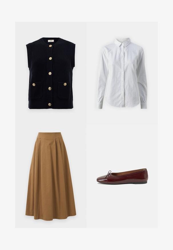 Námornícky pletený sveter s okrúhlym výstrihom, krátkymi rukávmi a šiestimi zlatými gombíkmi. Obsahuje dva predné vrecká.; Biela košeľa s gombíkmi vyrobená z hladkej bavlny, s klasickým golierom, dlhými rukávmi a zakriveným lemom. Gombíky sú malé a biele.; Hnedá bavlnená sukňa A-línie s vysokým pásom, so skladmi vpredu a hladkou textúrou. Hranice sú čisté a jednoduché.; Burgundské lakované balerínky s okrúhlou špičkou, malou mašľou na prednej strane a nízkou čiernou gumovou podrážkou. Hladký povrch.