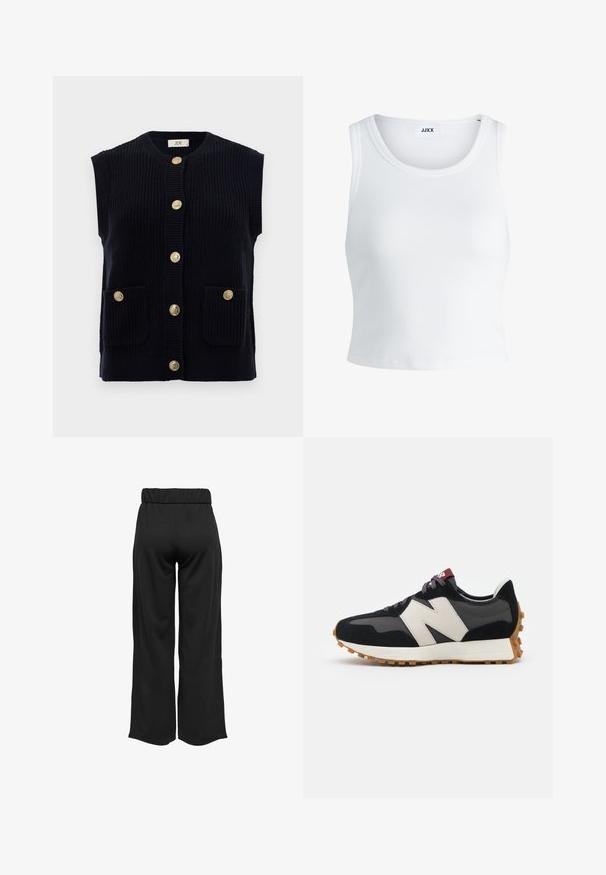 Marineblaue Strickweste mit rundem Ausschnitt, kurzen Ärmeln und sechs goldenen Knopfverschlüssen. Verfügt über zwei frontale Taschen.; Weißes, geripptes Tanktop mit rundem Halsausschnitt, ärmellosem Design und kurzer Länge. Das Etikett trägt die Aufschrift "JJXX". Glatte Stoffstruktur.; Schwarze, weit geschnittene Hose mit elastischem Bund, aus glattem Stoff gefertigt. Hat ein cleanes Design ohne Taschen oder sichtbare Nähte.; Schwarze und graue Wildledersneaker mit einem großen cremefarbenen "N"-Logo, lila Schnürsenkeln und einer strukturierten Gummisohle.