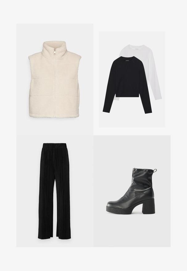 Beige Fleece-Weste mit hohem Kragen und vorderem Reißverschluss, ausgestattet mit einer strukturierten Oberfläche und kontrastierenden Nähten. Ärmelloses Design.; Zwei langärmelige Hemden: eines schwarz und eines weiß. Beide haben einen Rundhals, Raglanärmel und bestehen aus einem weichen Baumwollmischgewebe.; Schwarze plissierte Hose mit elastischem Bund. Verfügt über weite Hosenbeine und einen glatten, strukturierten Stoff mit vertikalen Streifen.; Schwarze Stiefeletten aus glattem Leder mit seitlichem Reißverschluss, klobigem strukturiertem Absatz und runder Zehenform.